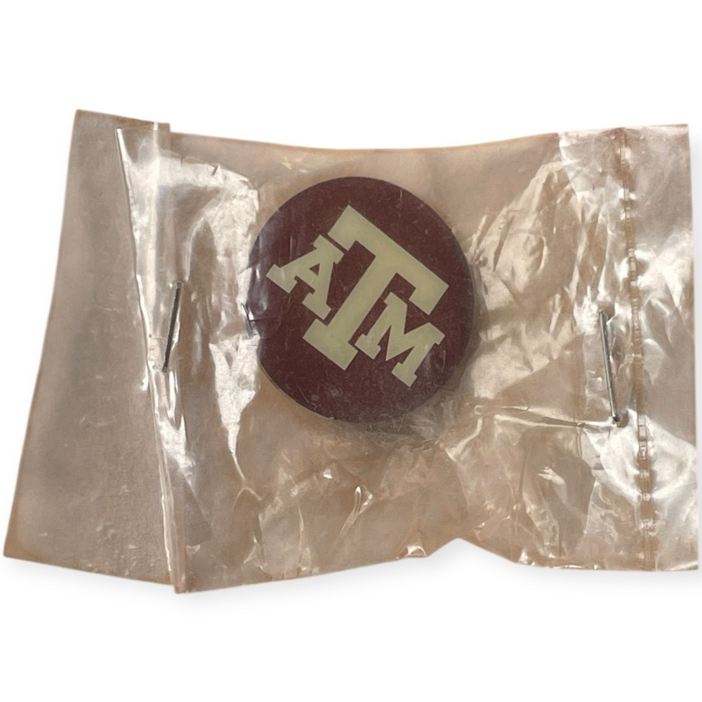 Vtg Texas A&M University Aggies ATM Logo Pin Sealed Maroon Button Badge